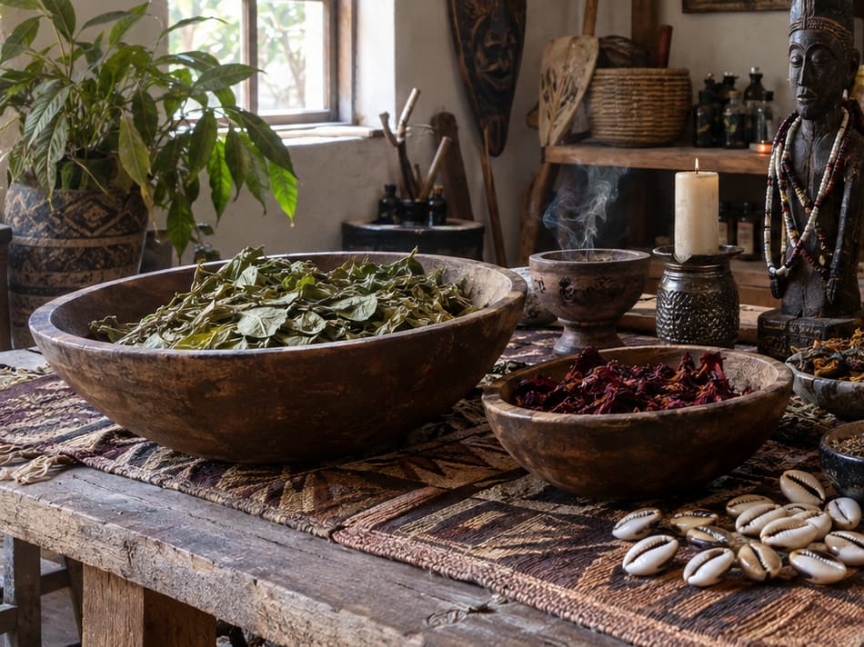 Grande calebasse de feuilles séchées et coupe d’hibiscus sur une table de travail, cauris alignés sur un tissu tissé