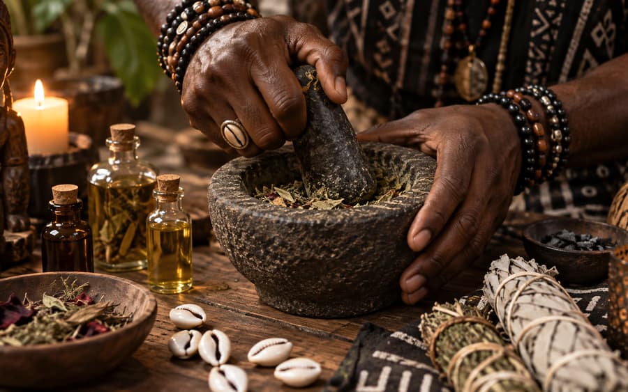 Mains portant des bracelets de perles pilant des herbes dans un mortier de pierre, flacons d’huile posés à côté