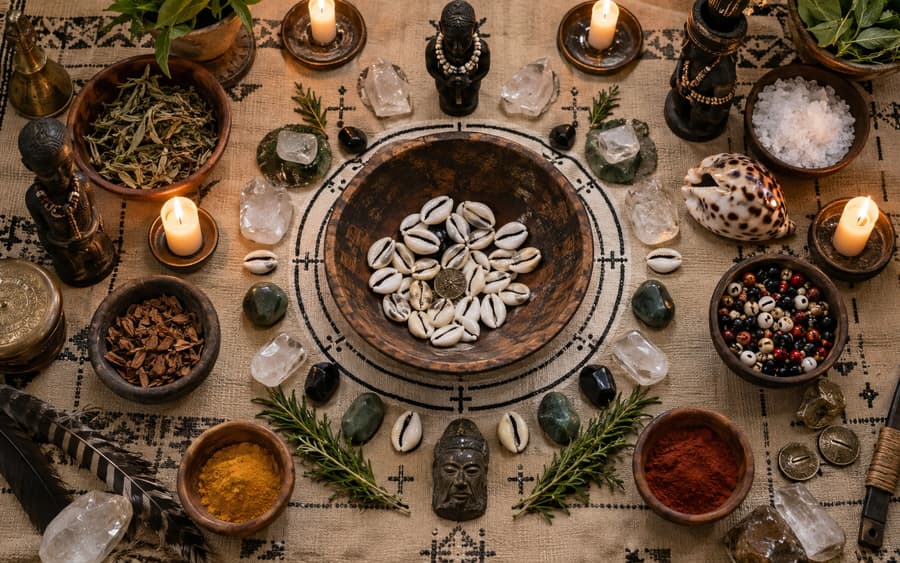 Plateau de divination vu de dessus, cauris au centre entourés de cristaux, d’herbes et de poudres colorées