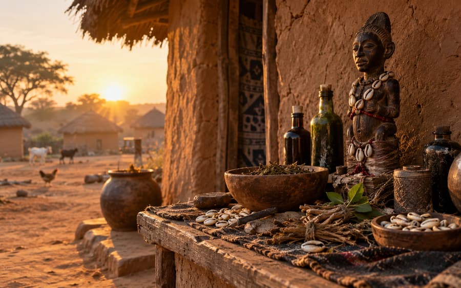 Autel dressé devant une case au coucher du soleil, statuette de bois, cauris et calebasses de terre