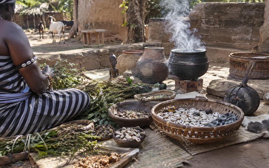 Préparation de plantes séchées dans une cour de village, paniers de cauris et marmite posée sur le feu